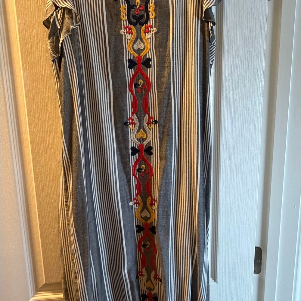 THML Gray Striped Maxi Dress with Colorful Embroidery